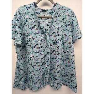 Talbots Plus 1X Blue Floral Print Short Sleeve Button Front Tie Neck Blouse Top